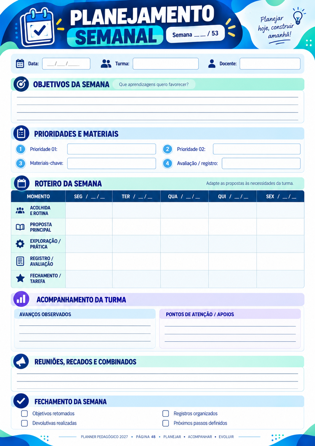 Planejamento semanal — Planner Pedagógico 2027