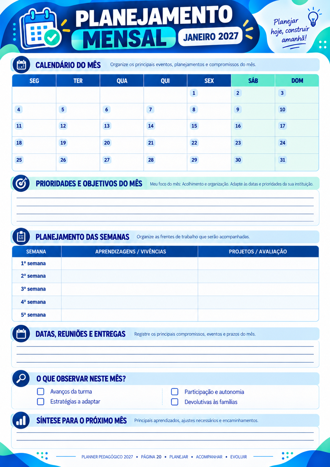 Planejamento mensal de janeiro — Planner Pedagógico 2027