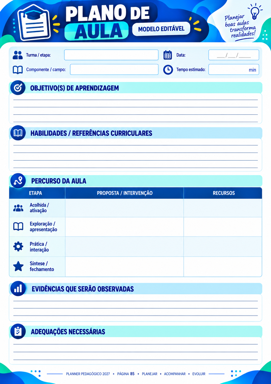 Plano de aula editável — Planner Pedagógico 2027